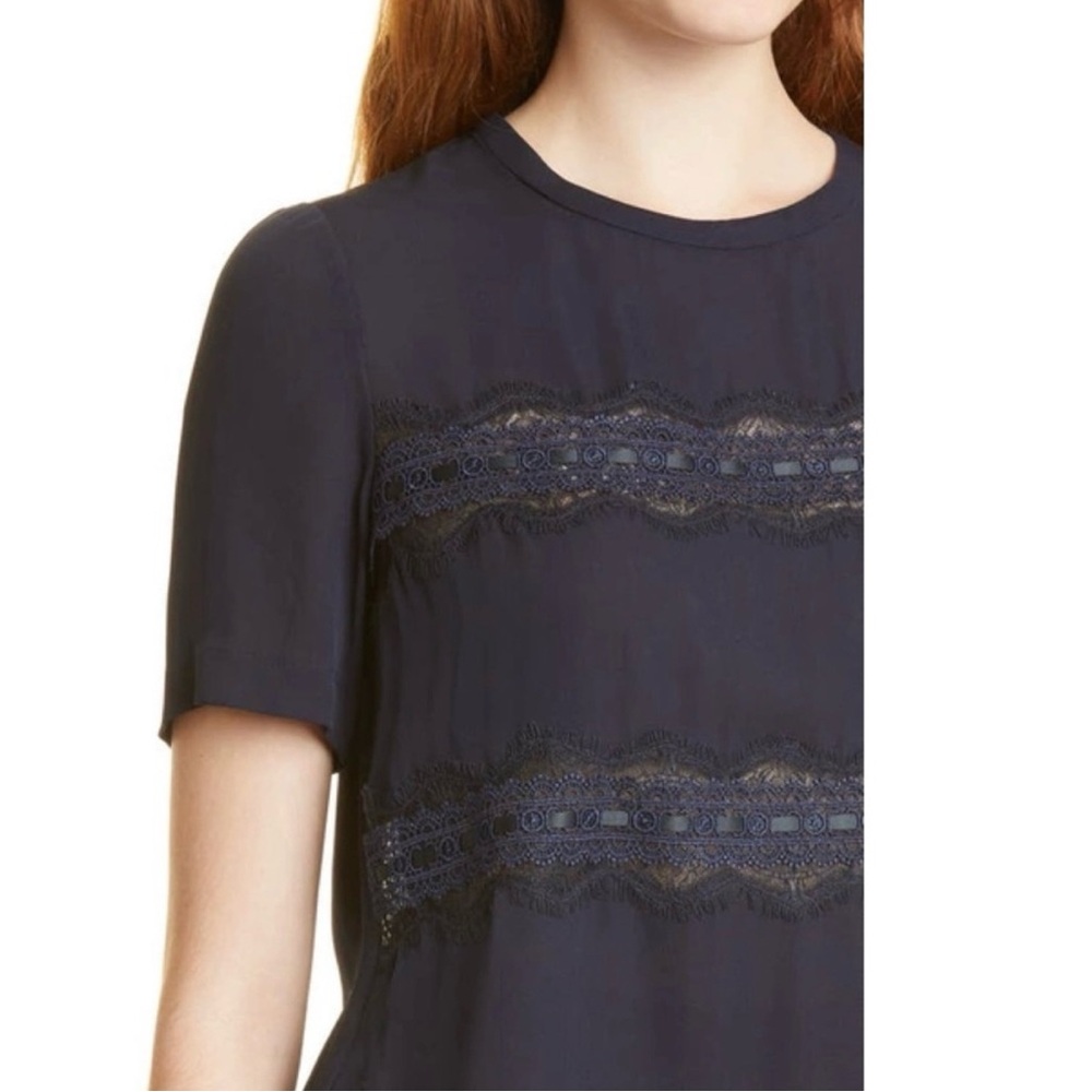 NWT REBECCA TAYLOR Lace Stripe Silk Top In Dark Navy Size XS - Picture 13 of 16